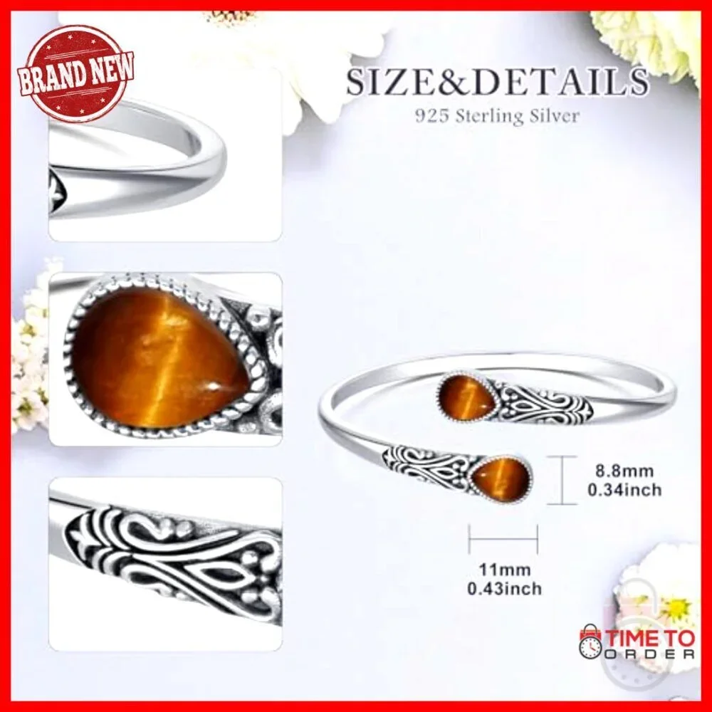 Sterling Silver Tiger Eye Adjustable Bangle Bracelet Boho Navajo Style Jewelry